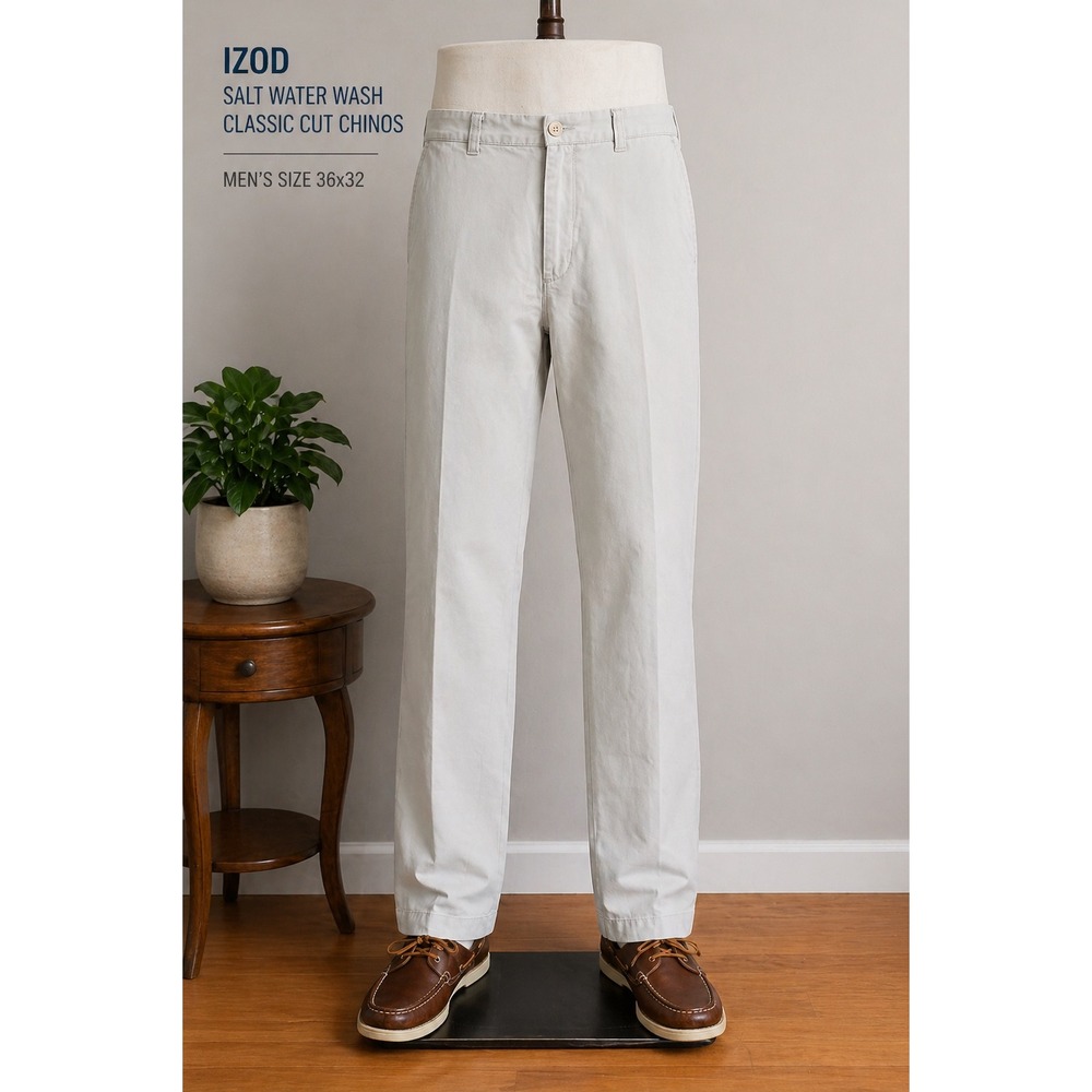 IZOD Saltwater Wash Classic Cut Chinos Mens 36x32 Stone Flat Front Cotton Pants
